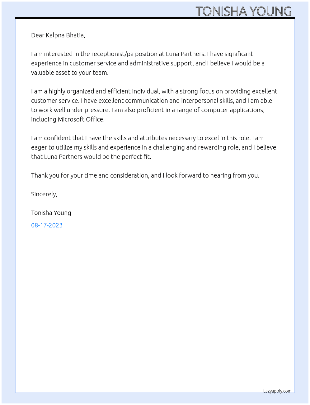 receptionist/ pa At Luna Partner Cover Letter