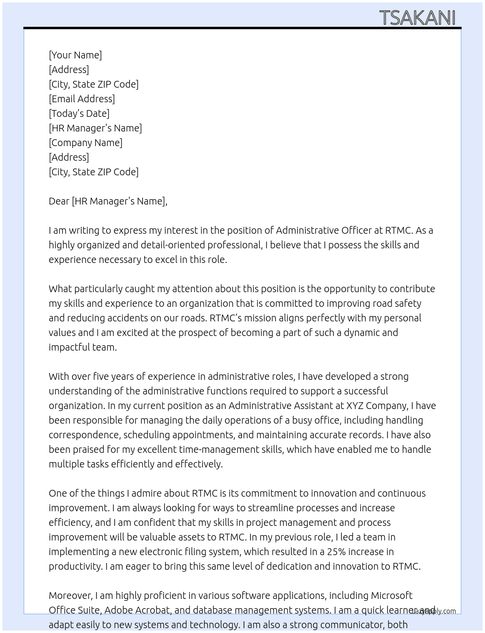 Administrative officer  At RTMC Cover Letter