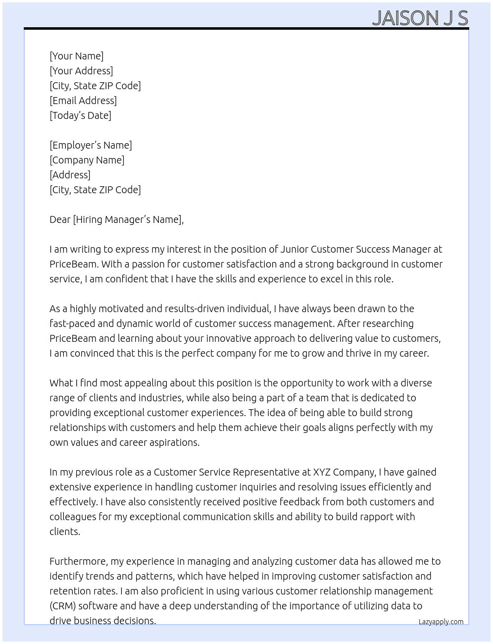 Junior customer success manager At PriceBeam Cover Letter