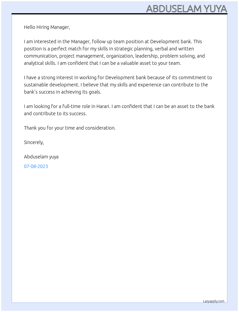 Manager, follow up team At Development bank Cover Letter