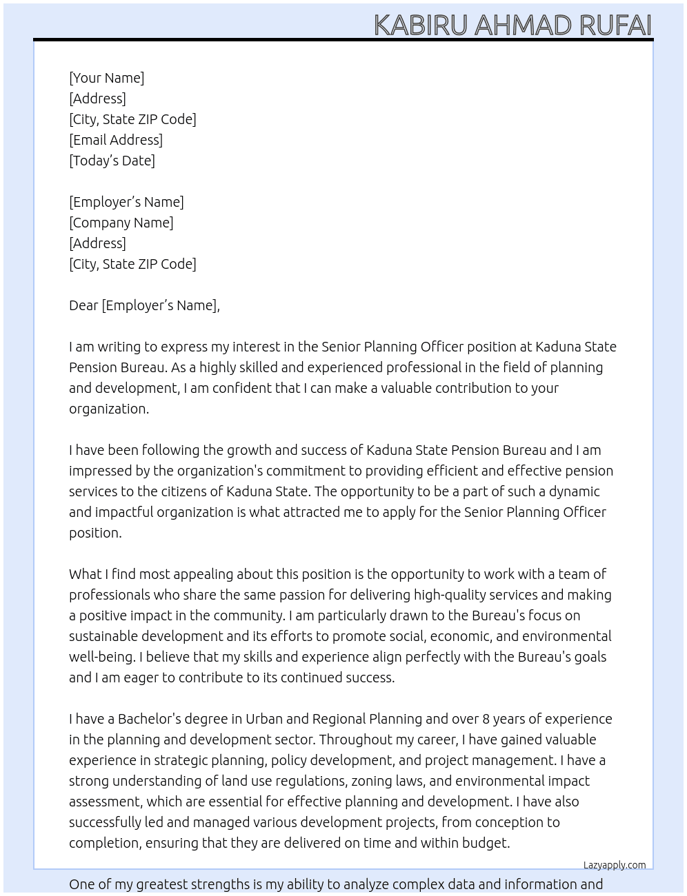 Senior Planning Officer At Kaduna State Pension Bureau Cover Letter