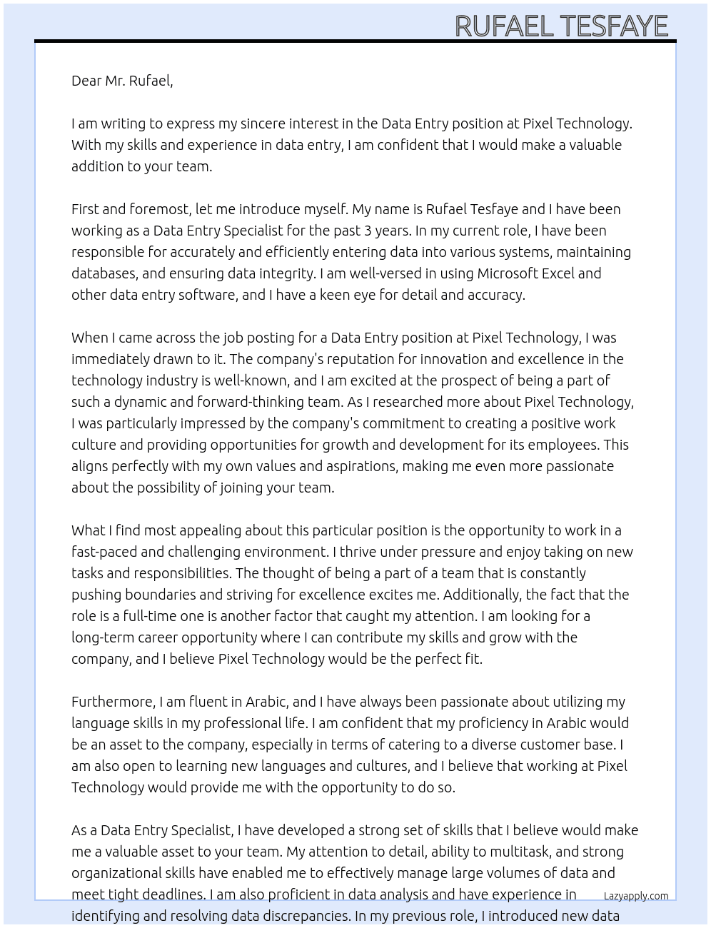 Data entry  At Pixel Technology  Cover Letter