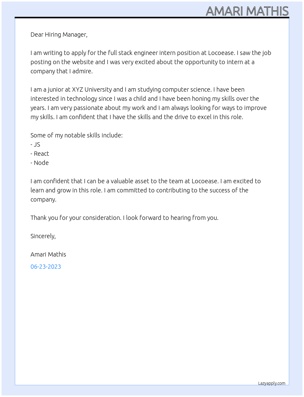 Full stack engineer intern At Locoease Cover Letter