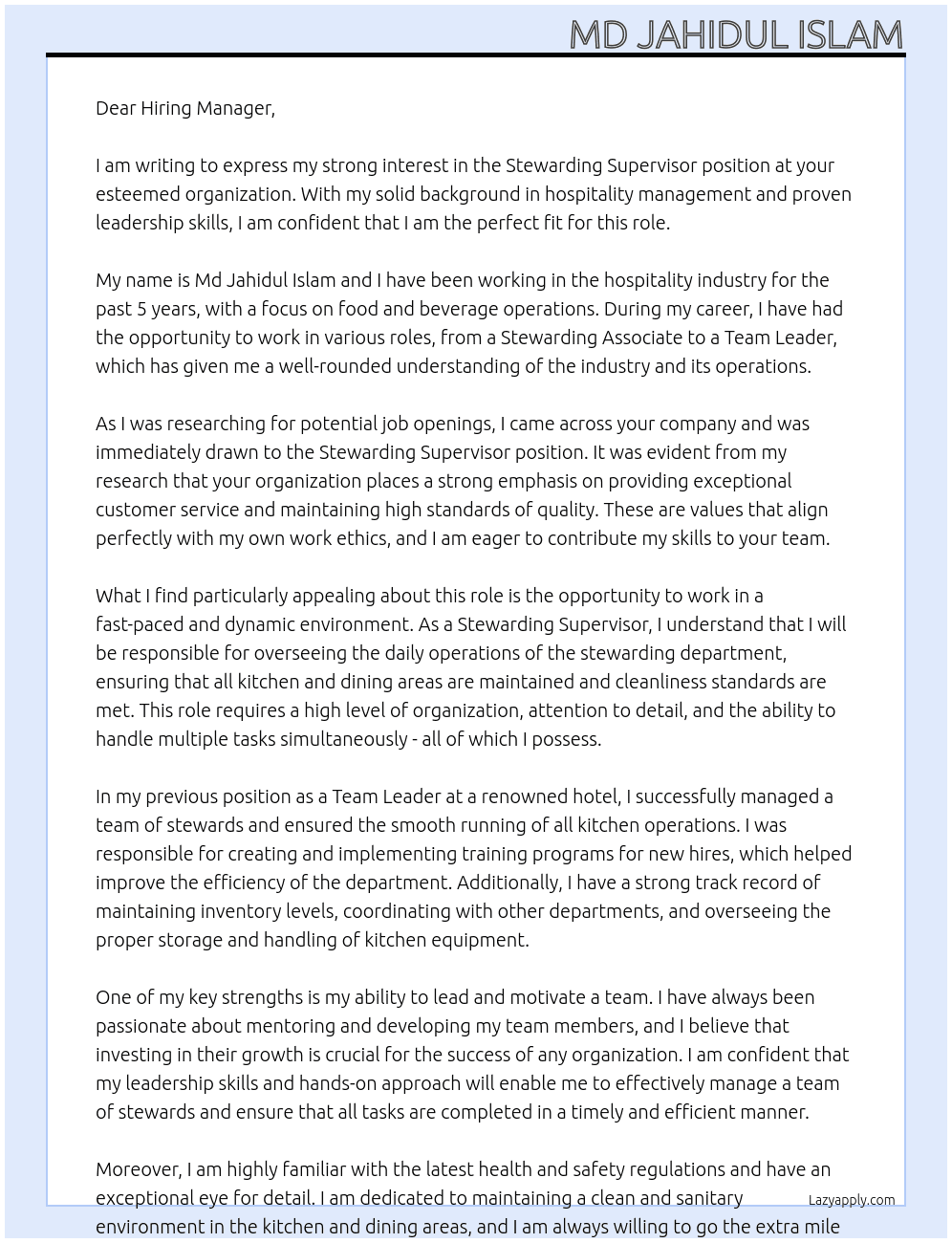 Stewarding Supervisor  At Stewarding Supervisor  Cover Letter