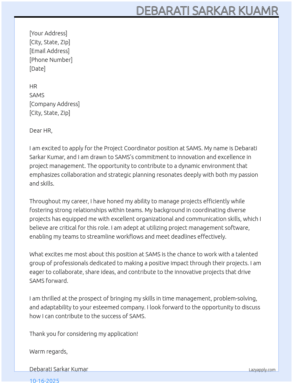 Project coordinator At SAMS Cover Letter