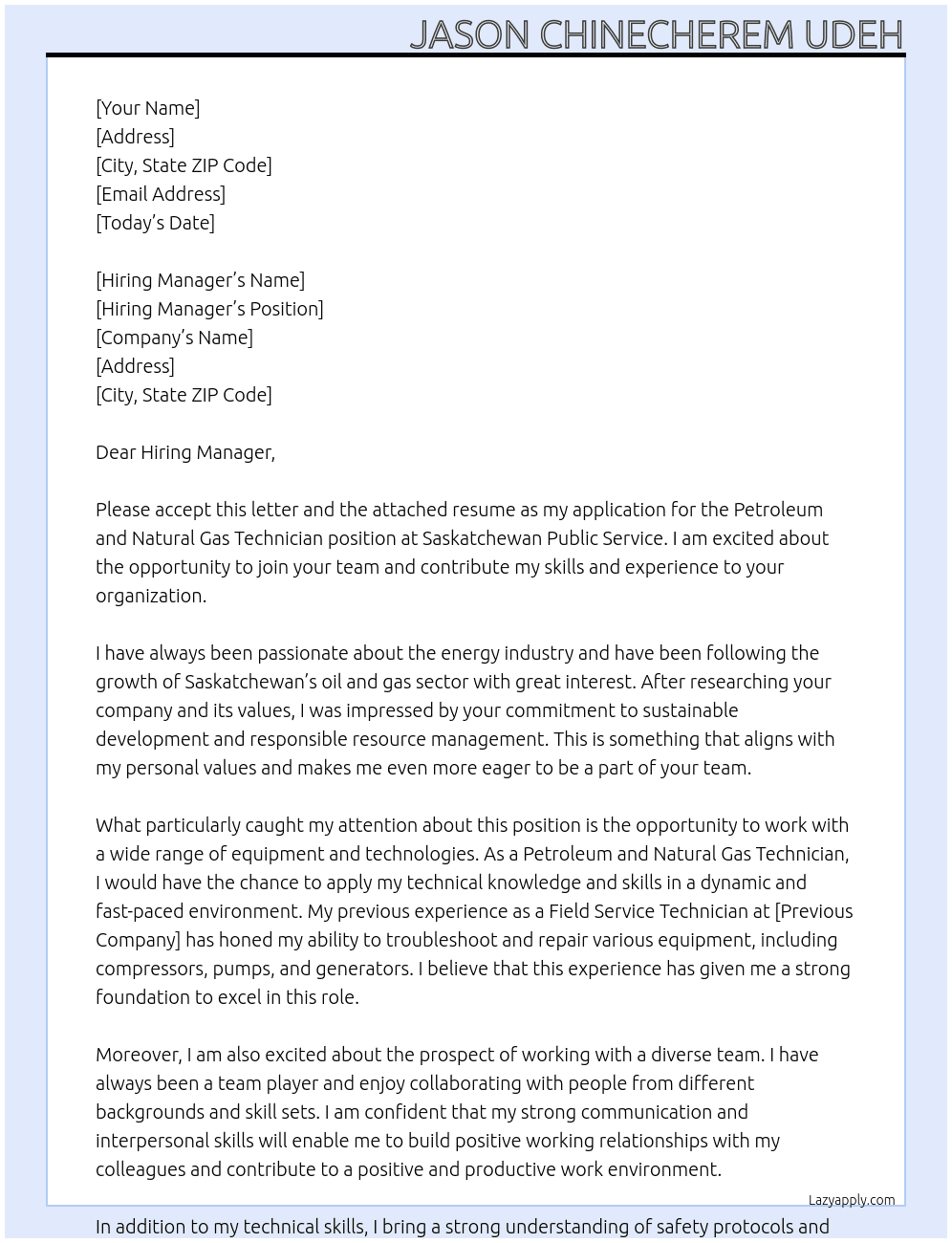 Petroleum and Natural Gas Technician At Saskatchewan Public Service Cover Letter