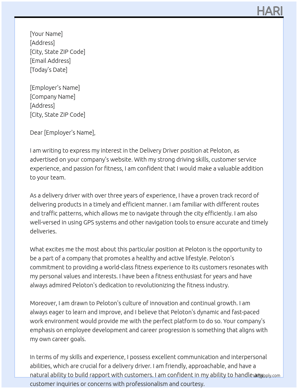 delivery driver At Peloton Cover Letter
