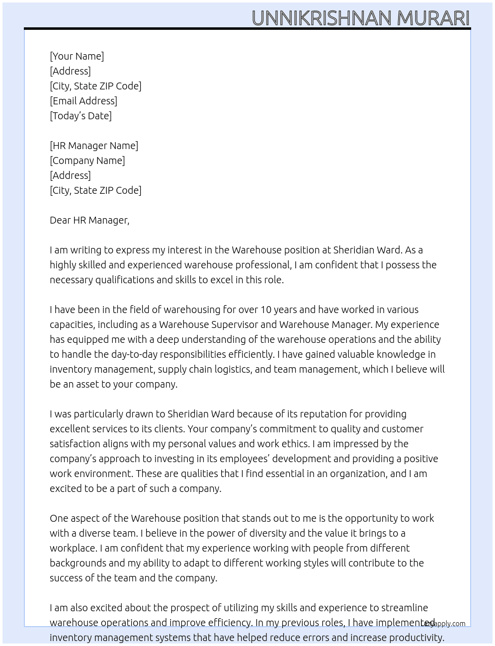 WAREHOUSE At SHERIDIAN WARD Cover Letter