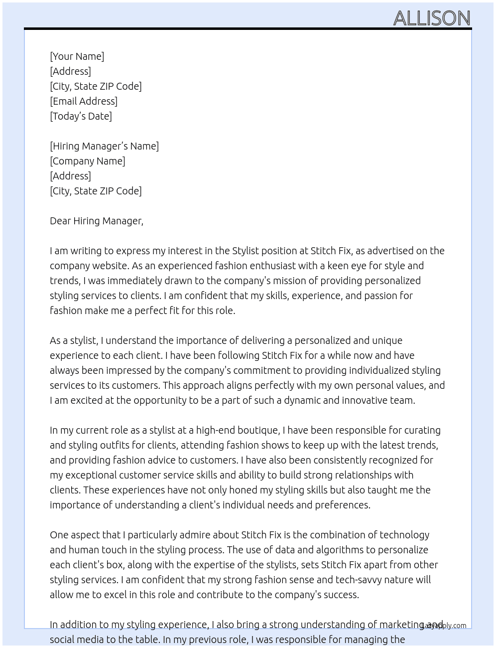 Stylist At Stitch Fix Cover Letter