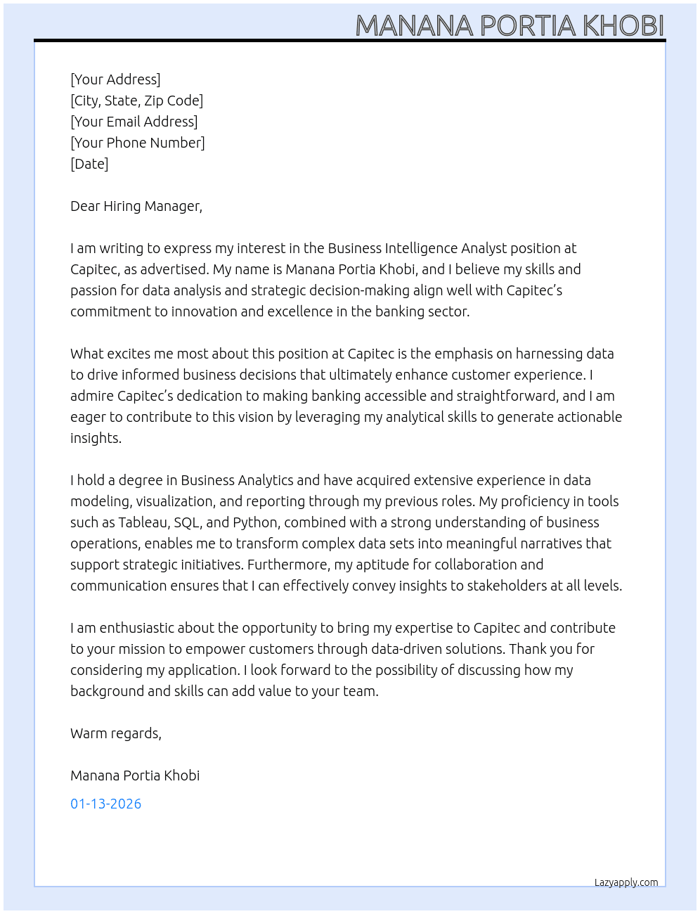 Business intelligence analyst  At Capitec  Cover Letter