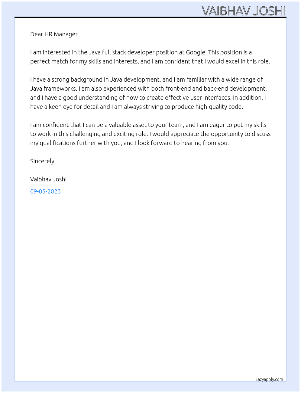 Java full stack developer At Google Cover Letter