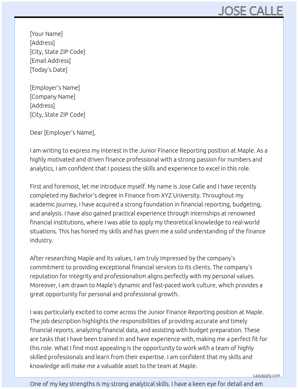 Junior Finance Reporting At Maple Cover Letter