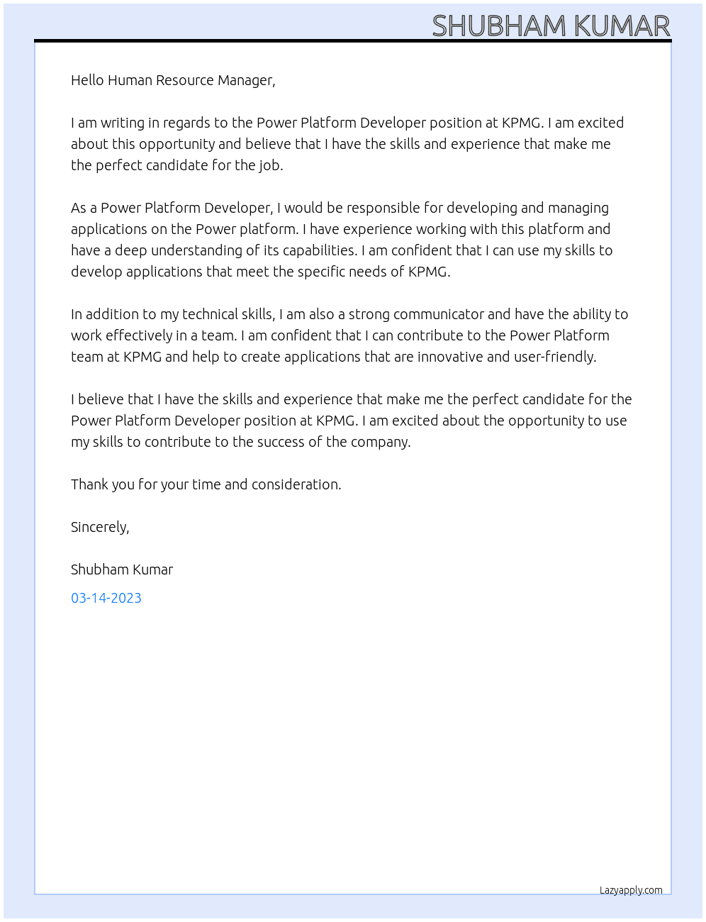 Power Platform Developer At KPMG Cover Letter