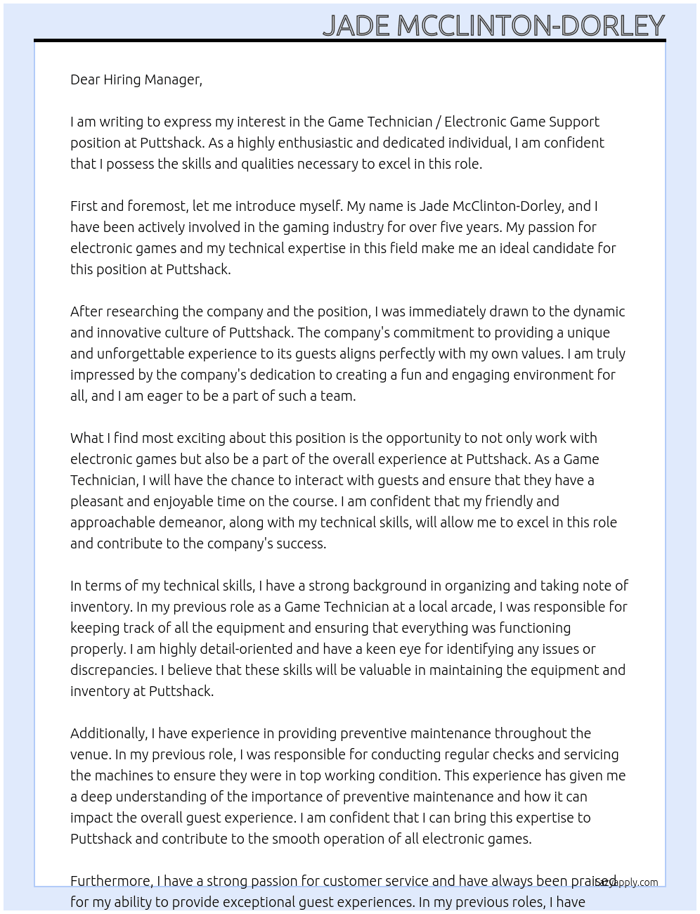 Game Technician / Electronic Game Support At Puttshack Cover Letter