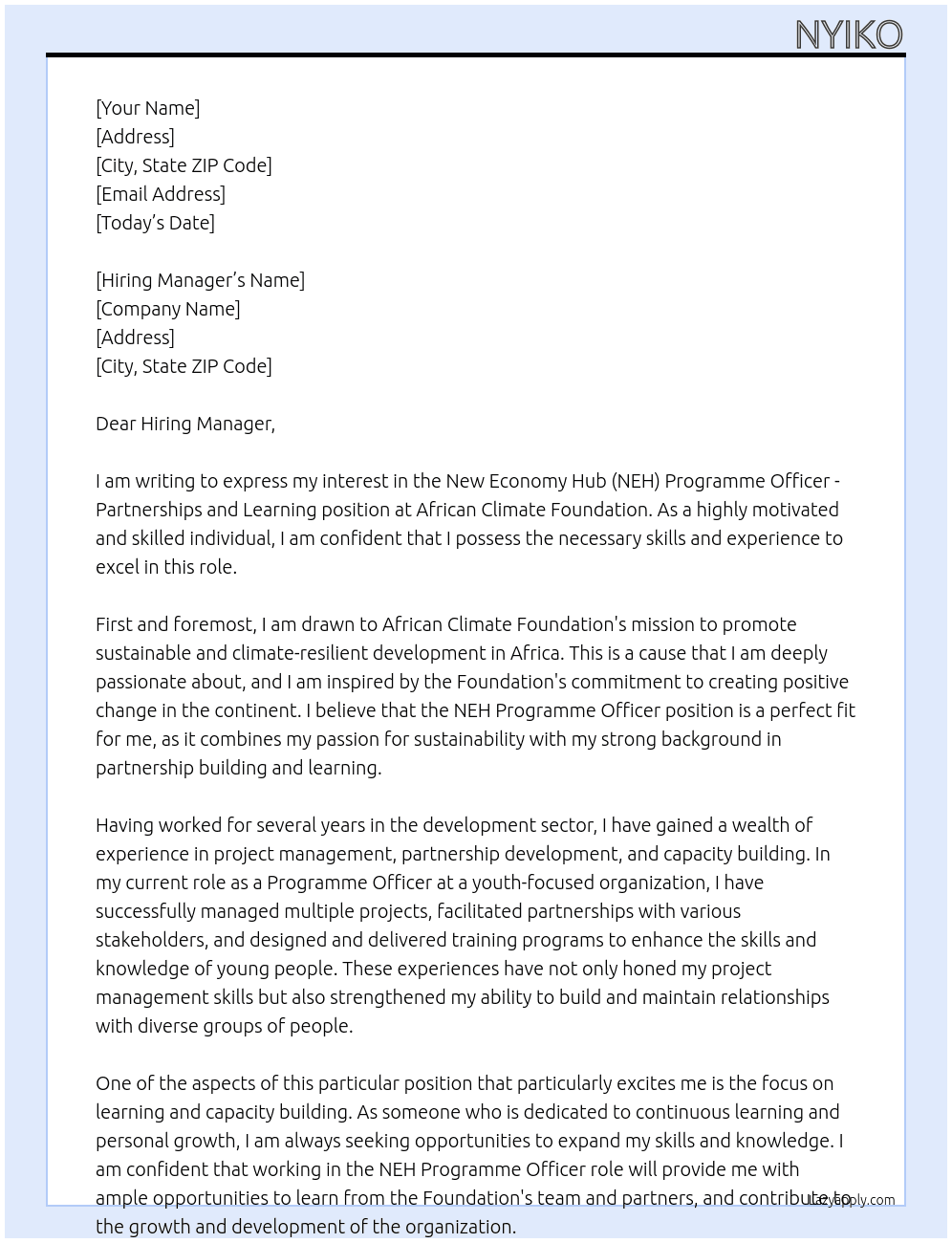 New Economy Hub (NEH) Programme Officer- Partnerships and Learning At African Climate Foundation Cover Letter