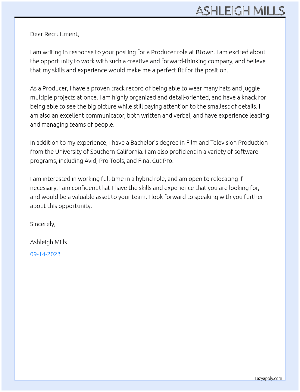 Producer At Btown Cover Letter