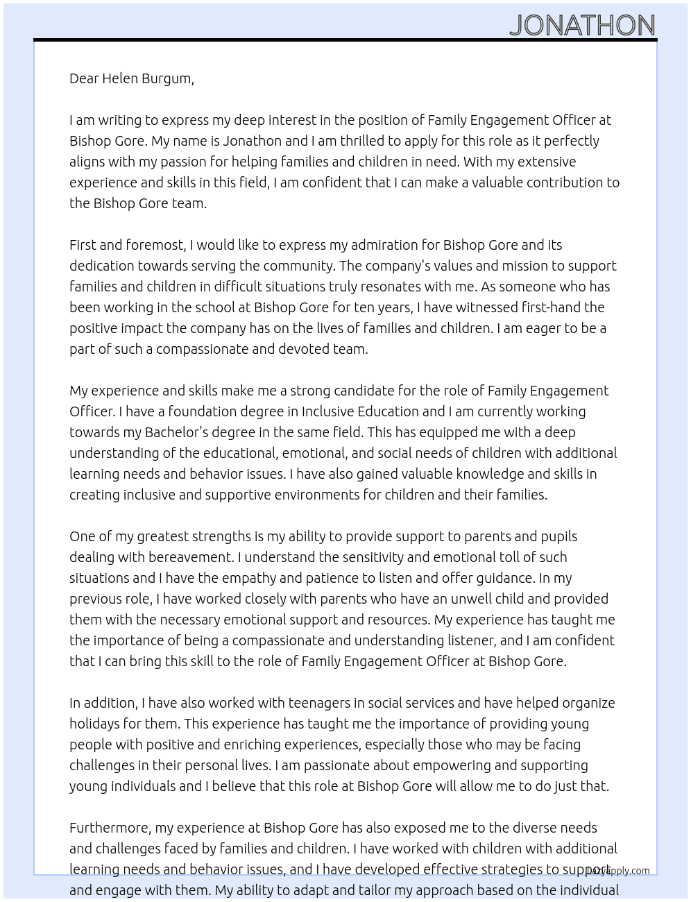 Family engagement officer  At bishop gore Cover Letter