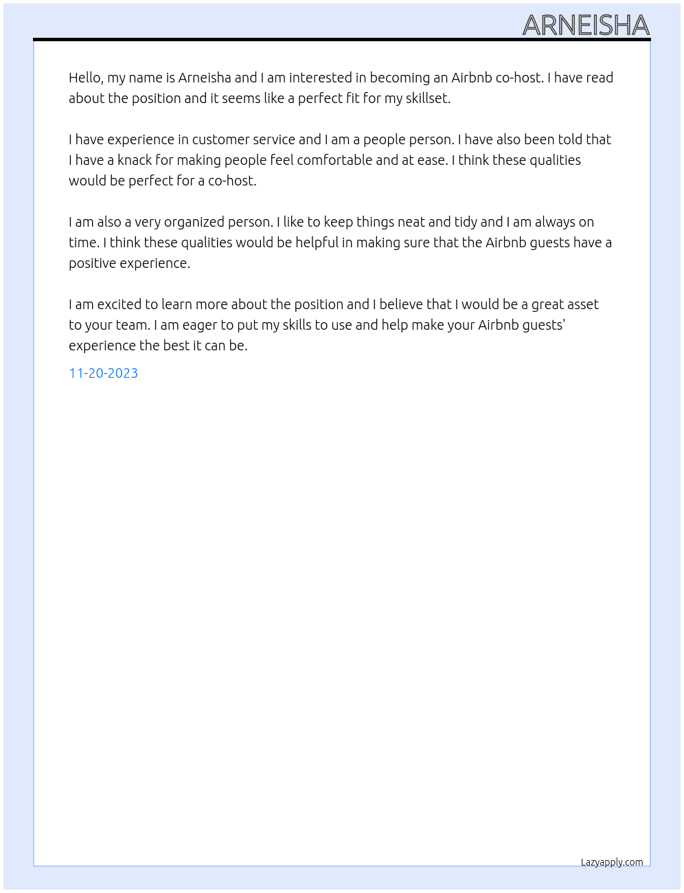 Airbnb co host At Co host Cover Letter