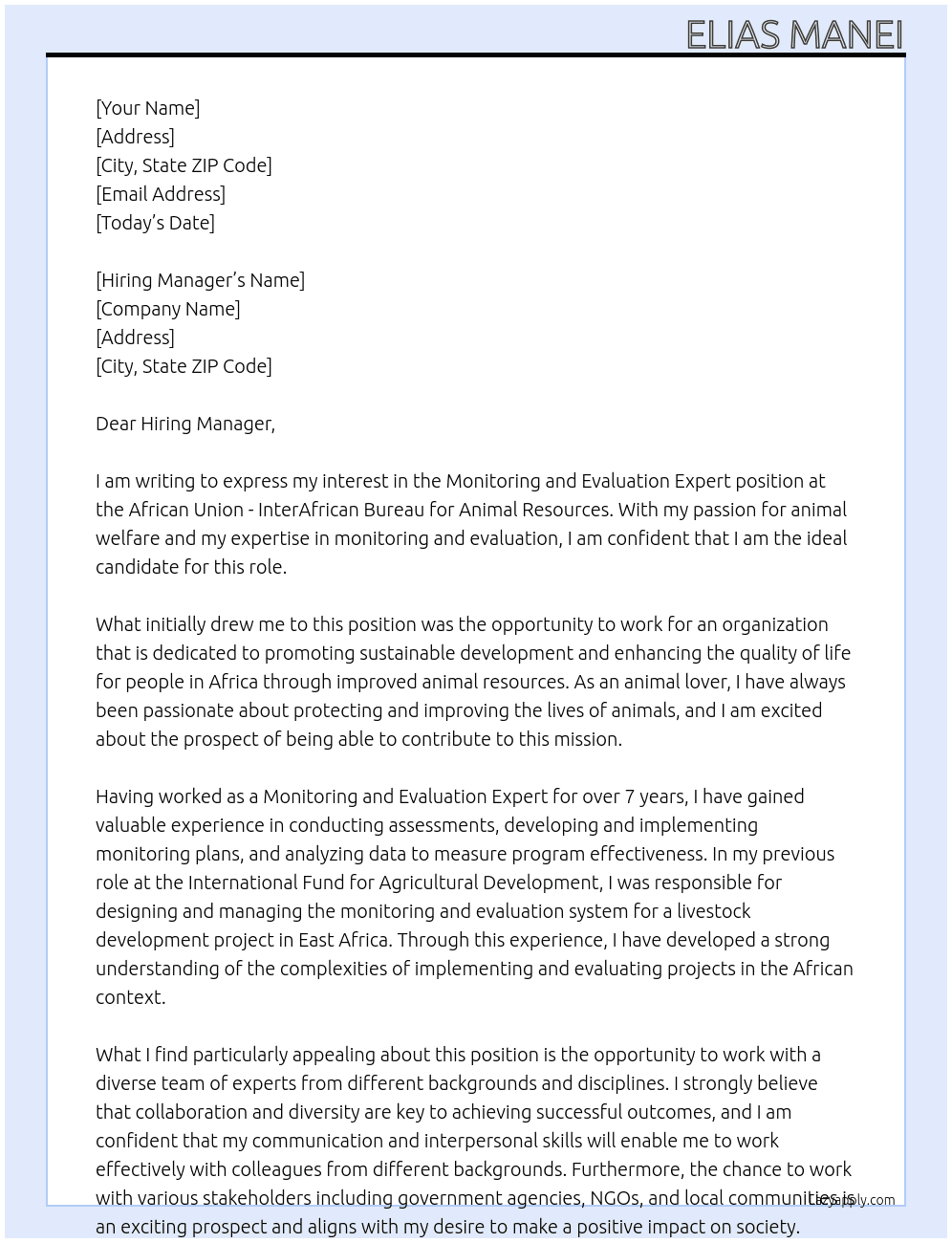 Monitoring and Evaluation Expert At African Union - InterAfrican Bureau for Animal Resources Cover Letter