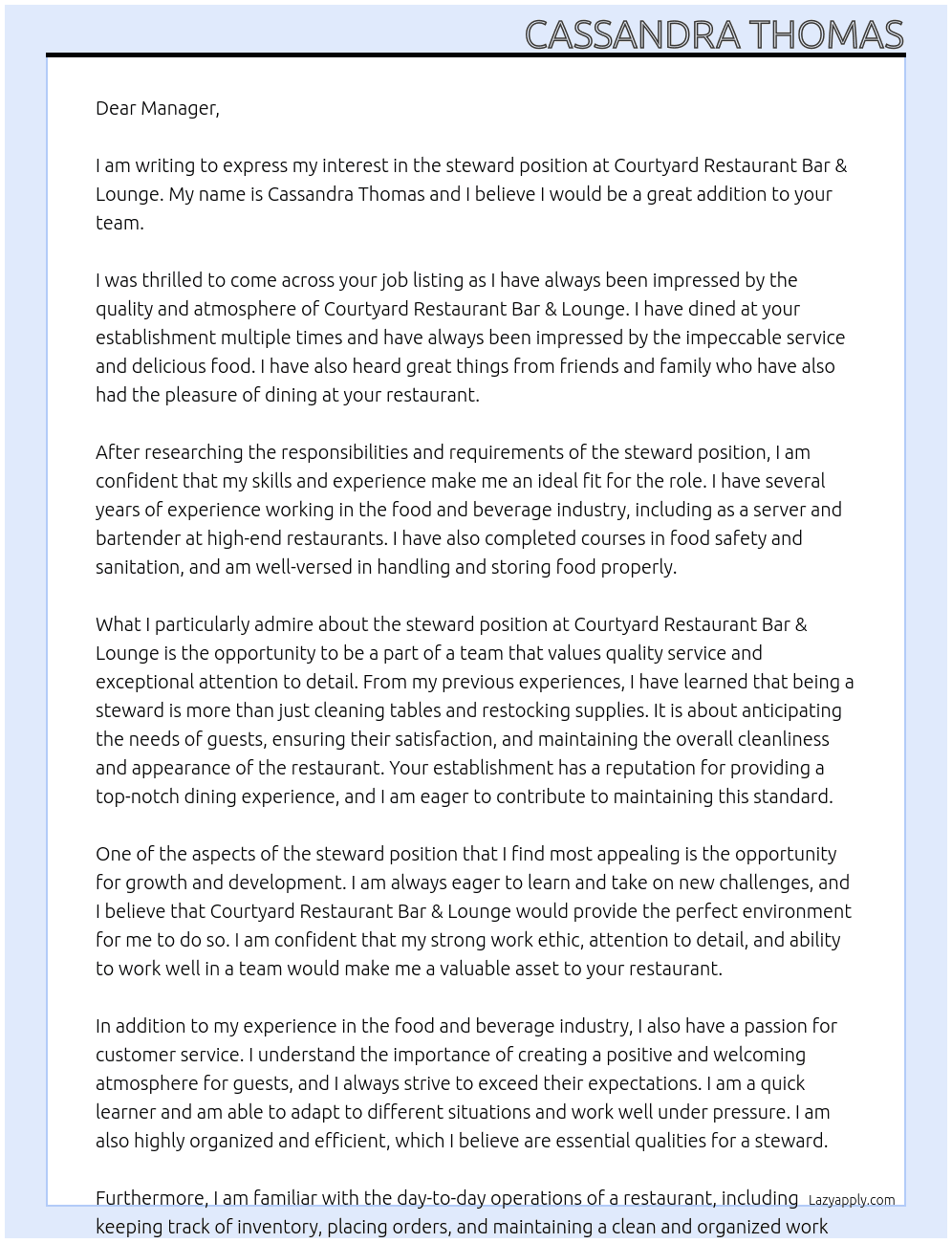 steward At courtyard restaurant bar & lounge Cover Letter