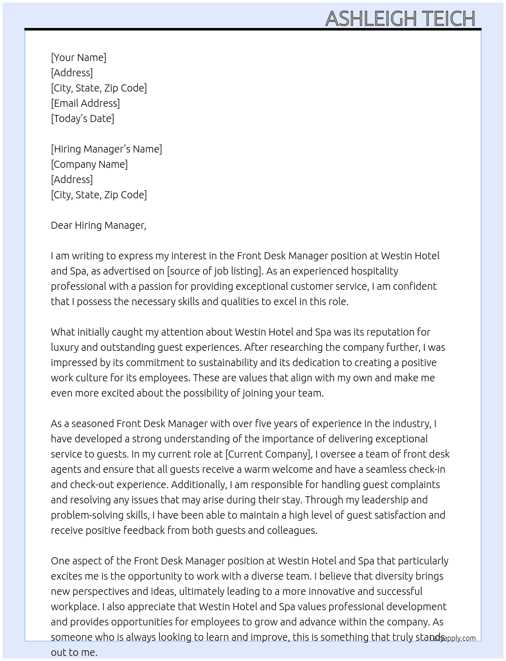 Front Desk Manager At Westin Hotel and Spa Cover Letter