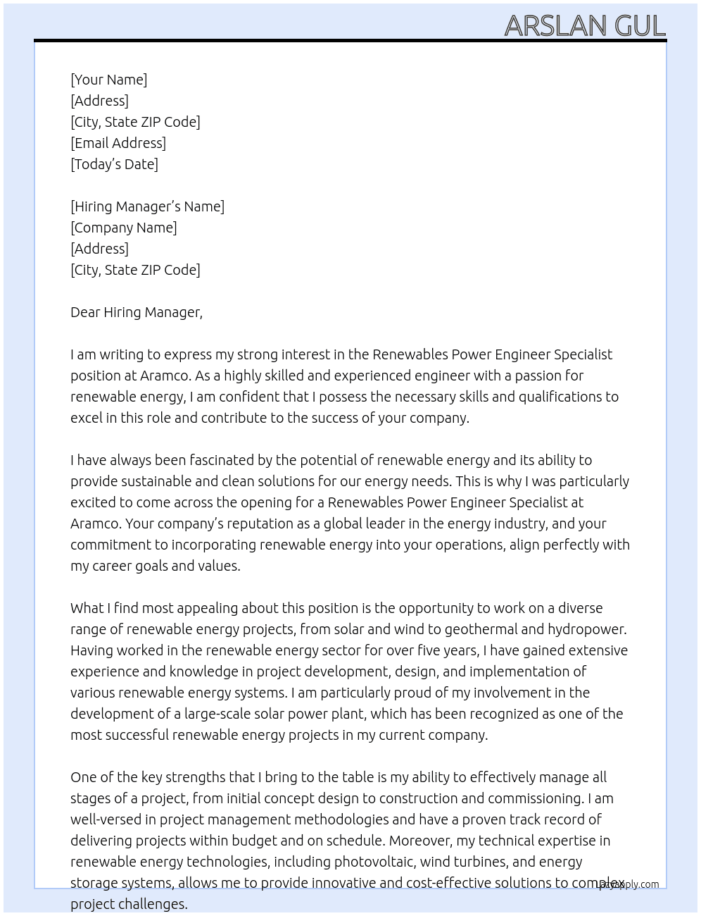 Cover letter for renewables power engineer specialist - LazyApply