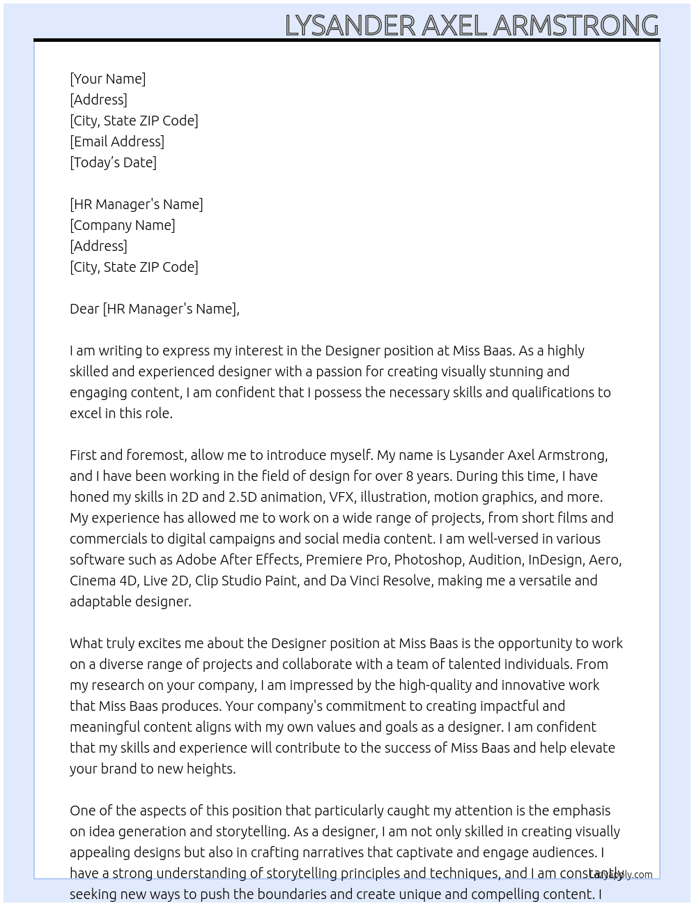 Designer At Miss Baas Cover Letter