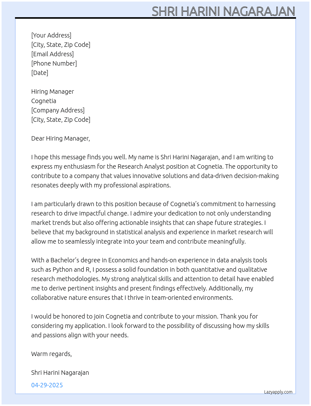 research analyst At cognetia Cover Letter