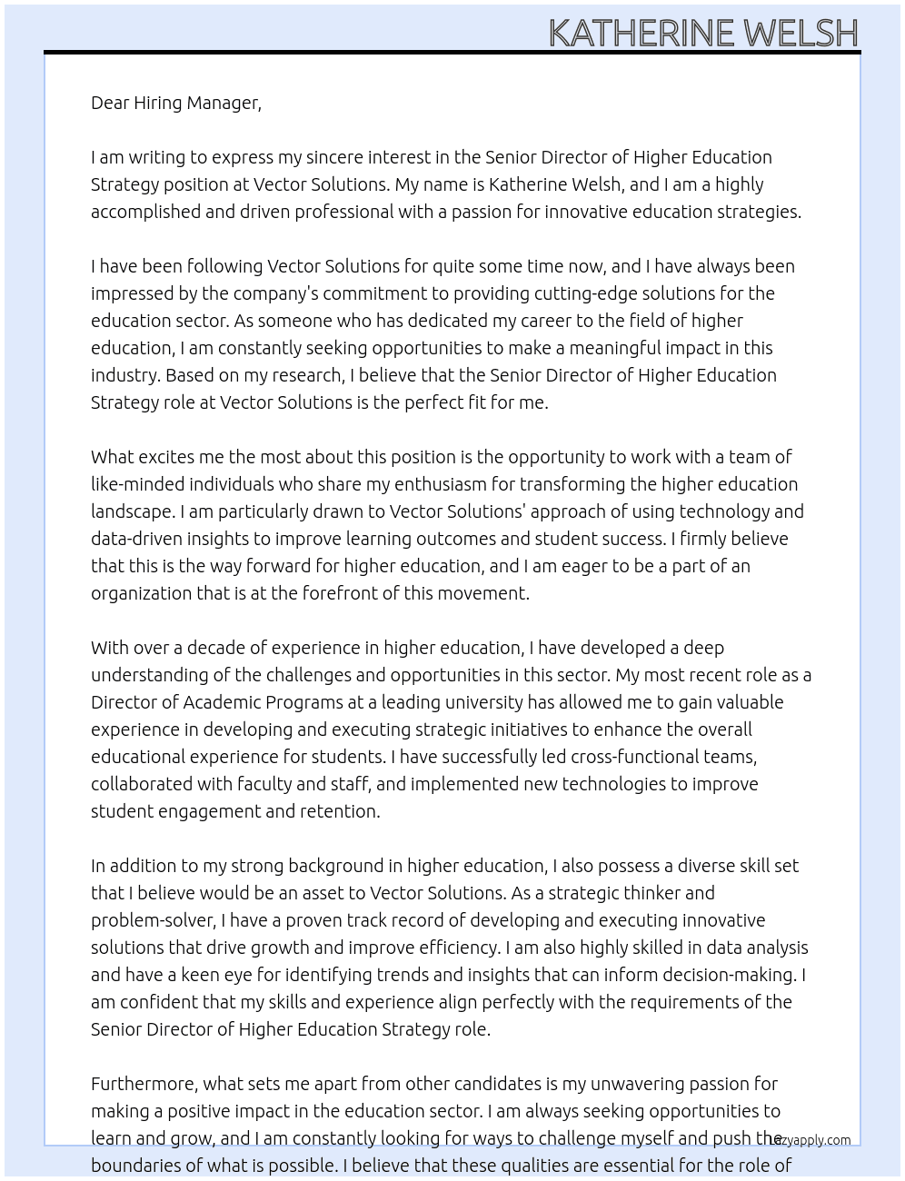 Senior Director of Higher Education Strategy At Vector Solutions Cover Letter