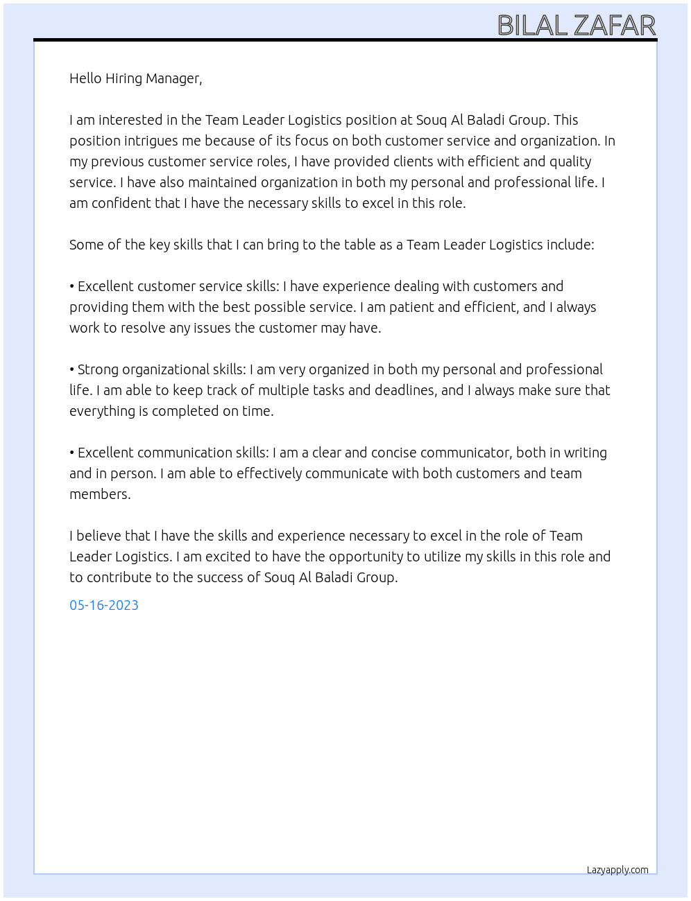 Team Leader Logistics At Souq Al Baladi Group Cover Letter