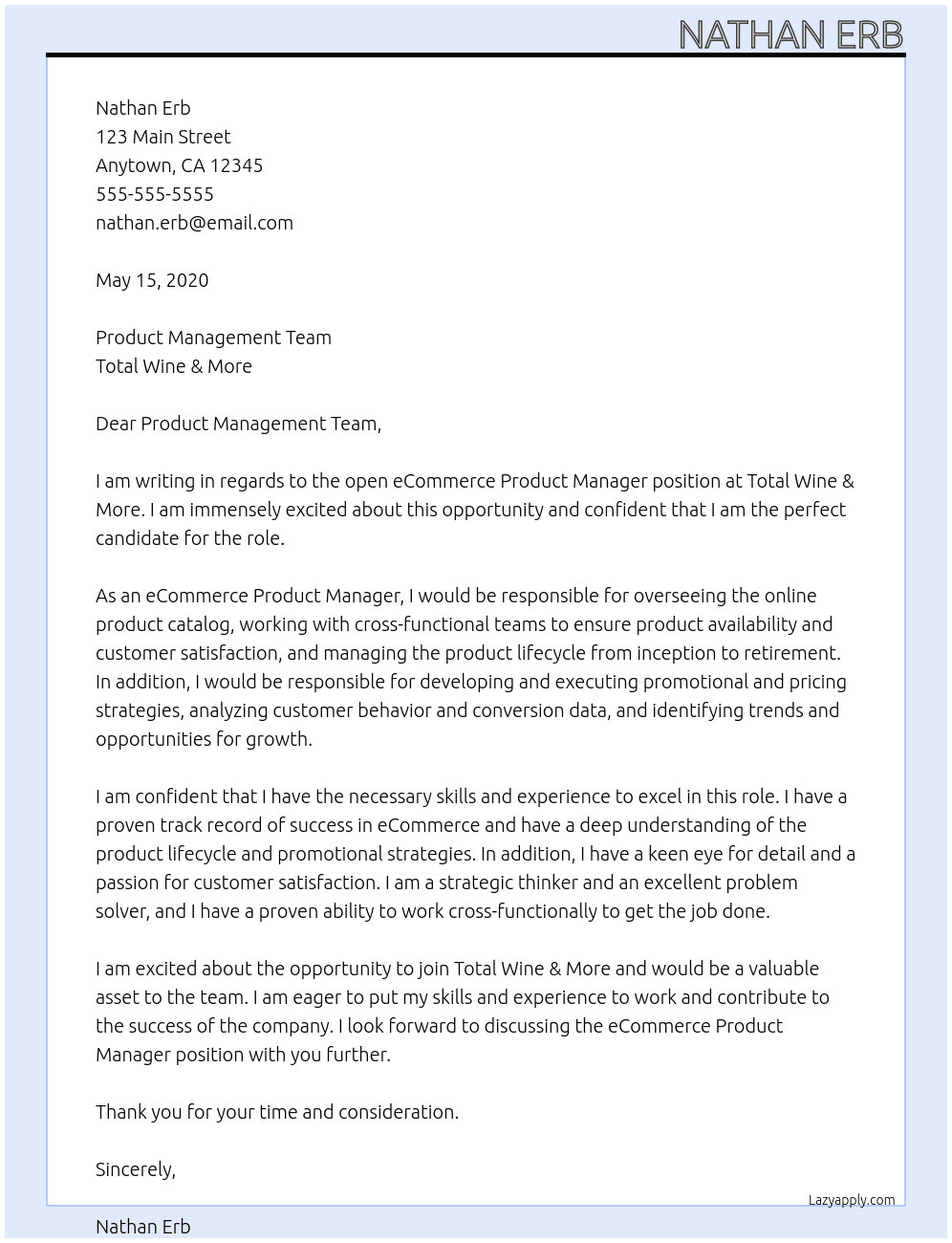 eCommerce Product Manager At Total Wine & More Cover Letter