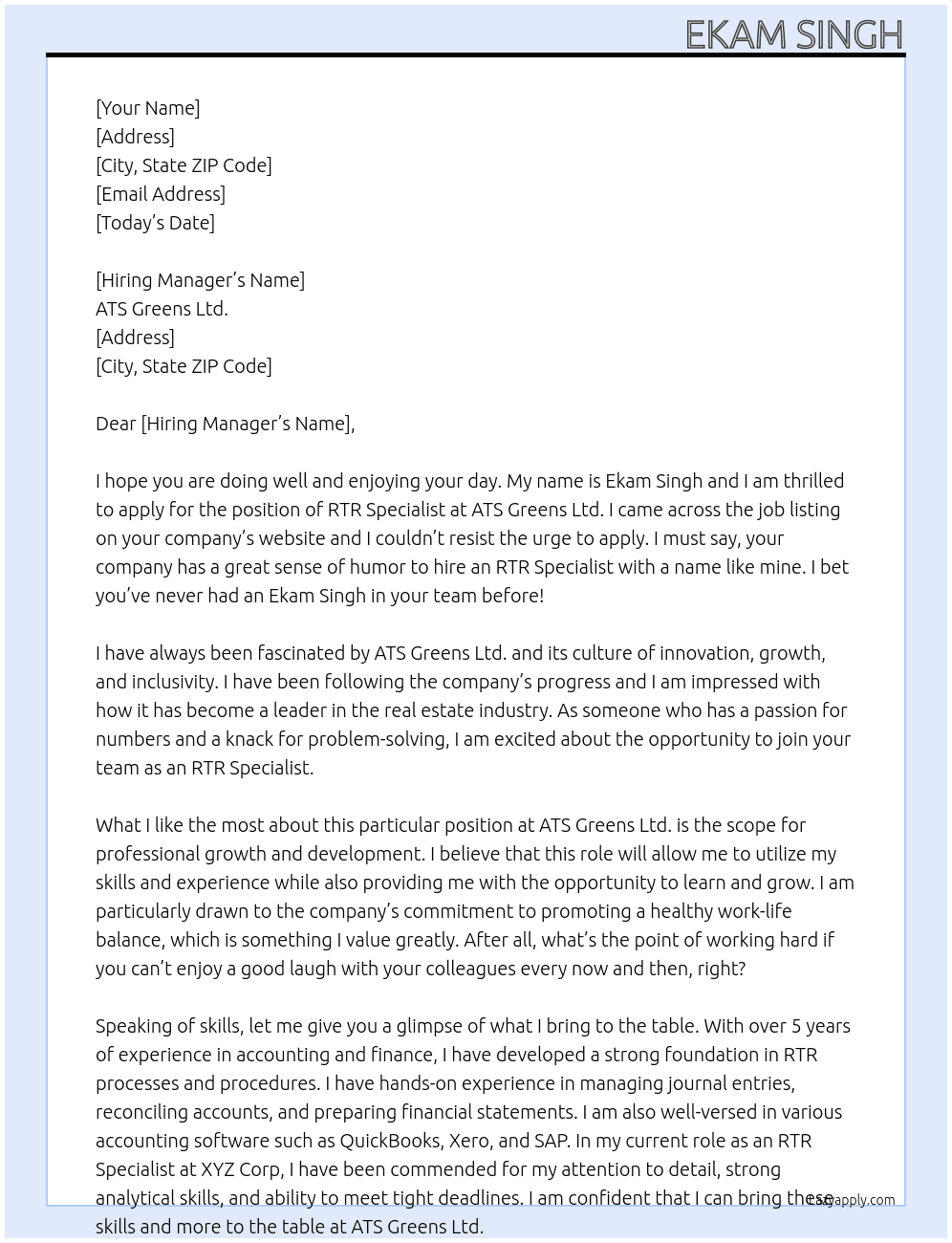 RTR Specialist At ATS Greens Ltd Cover Letter