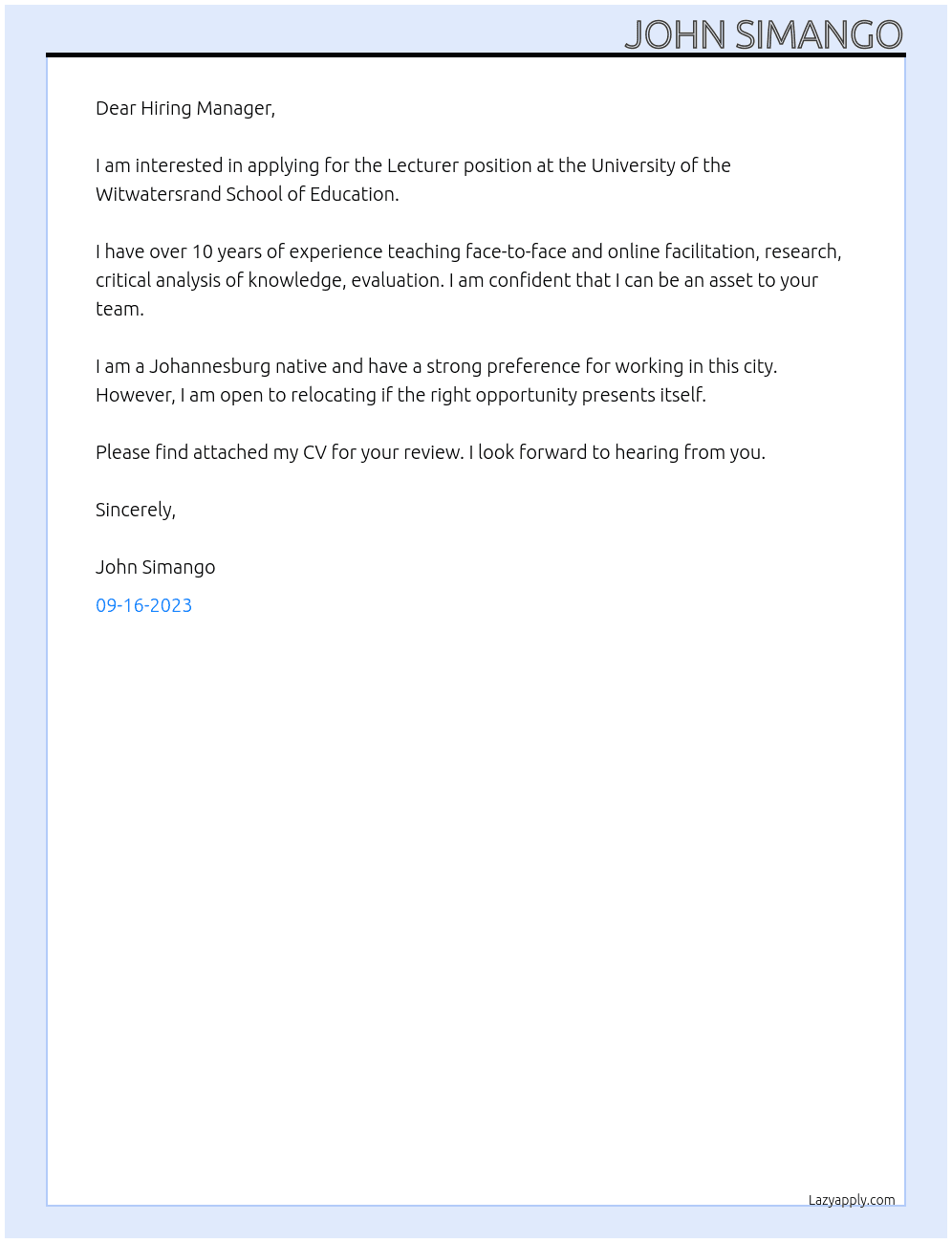 Lexcturer At University of the Witwatersrand School of Education Cover Letter