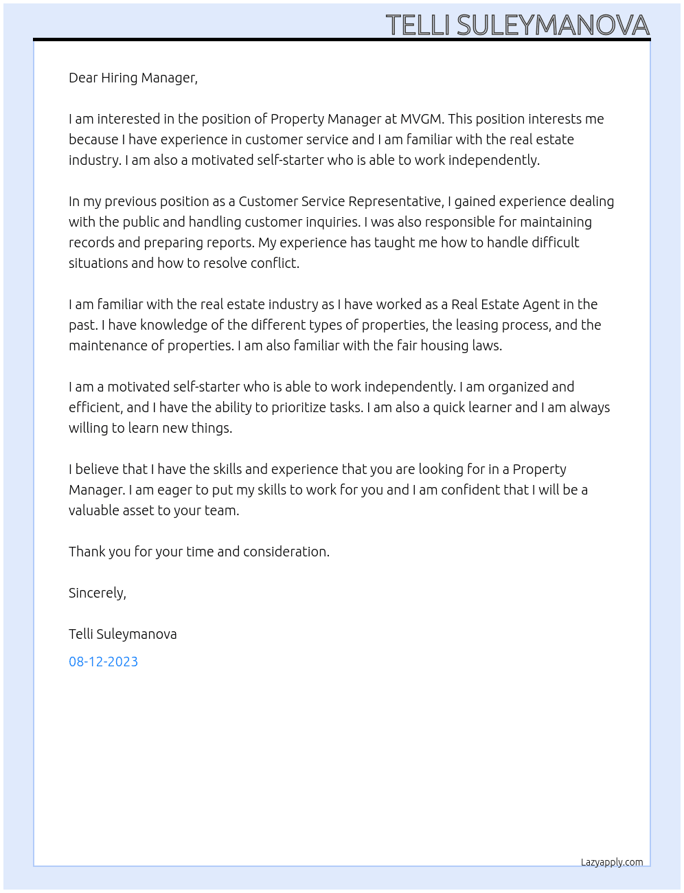 Property Manager At MVGM Cover Letter