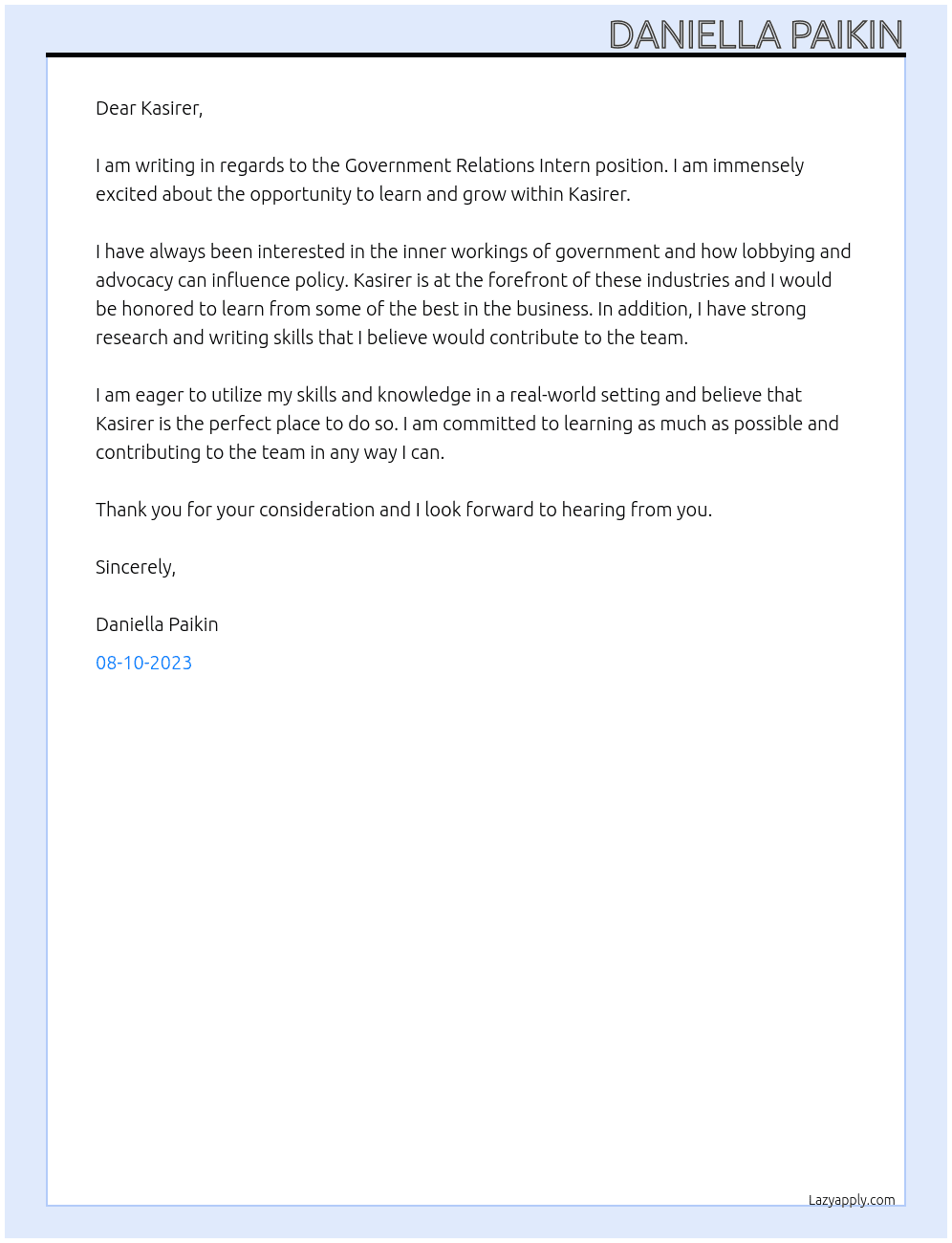 Government Relations Intern At Kasirer  Cover Letter