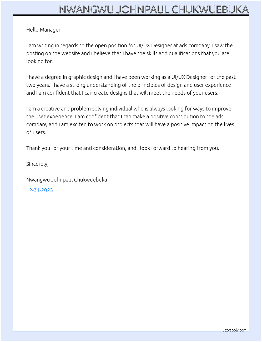 ui/ux designer At ads company Cover Letter