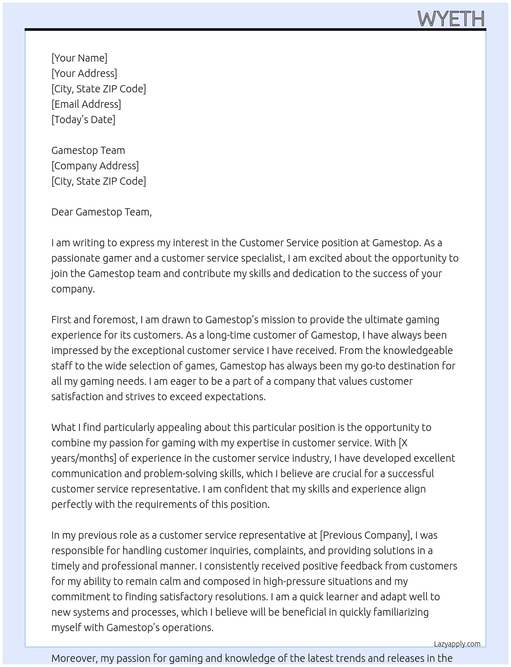 Customer Service At Gamestop Cover Letter