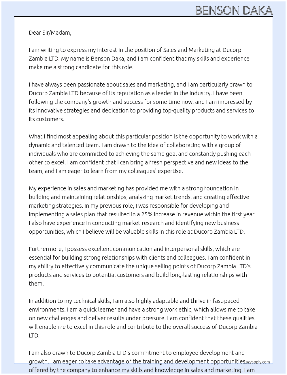 Sales and marketing  At Ducorp Zambia LTD  Cover Letter