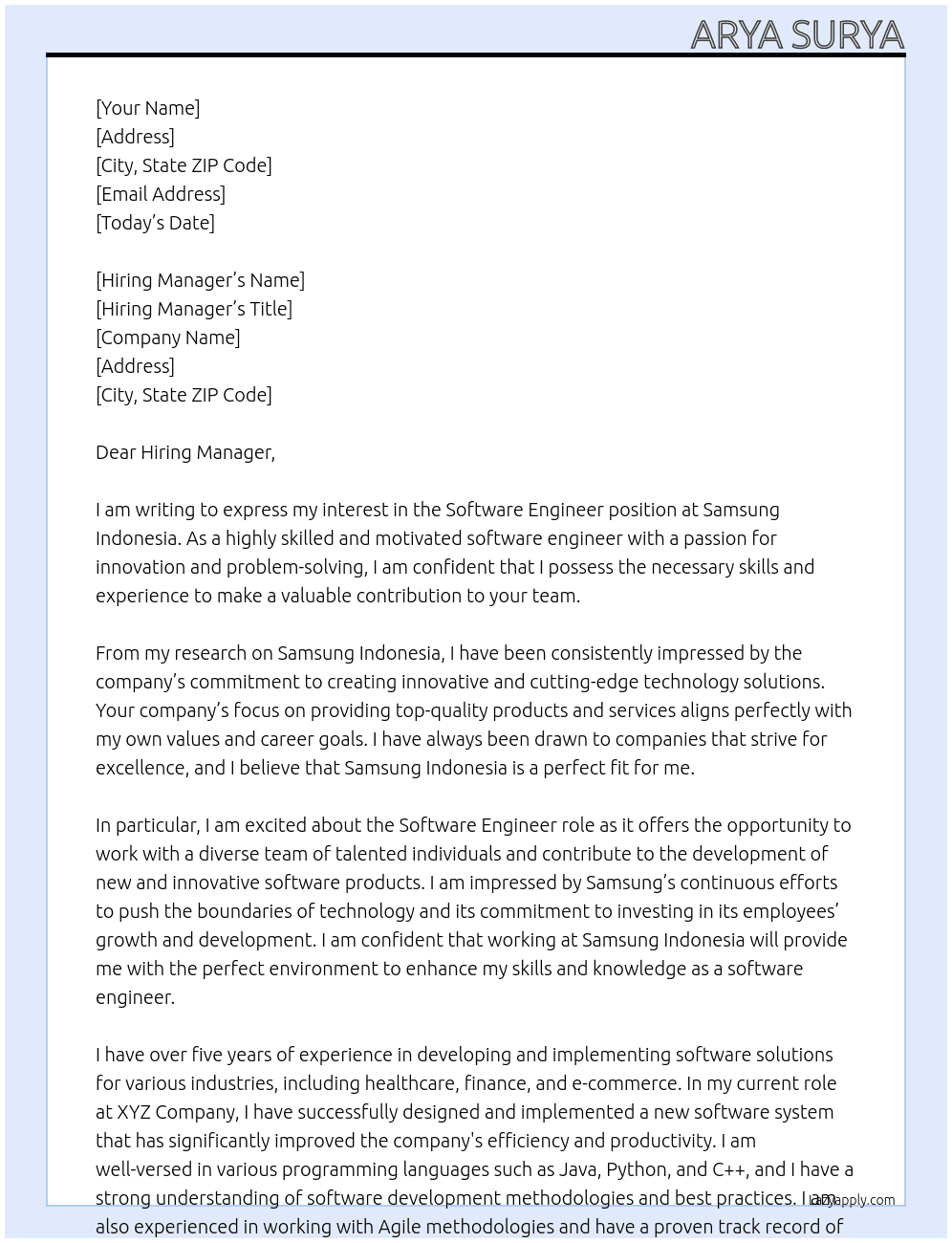 Software Engineer At Samsung Indonesia Cover Letter