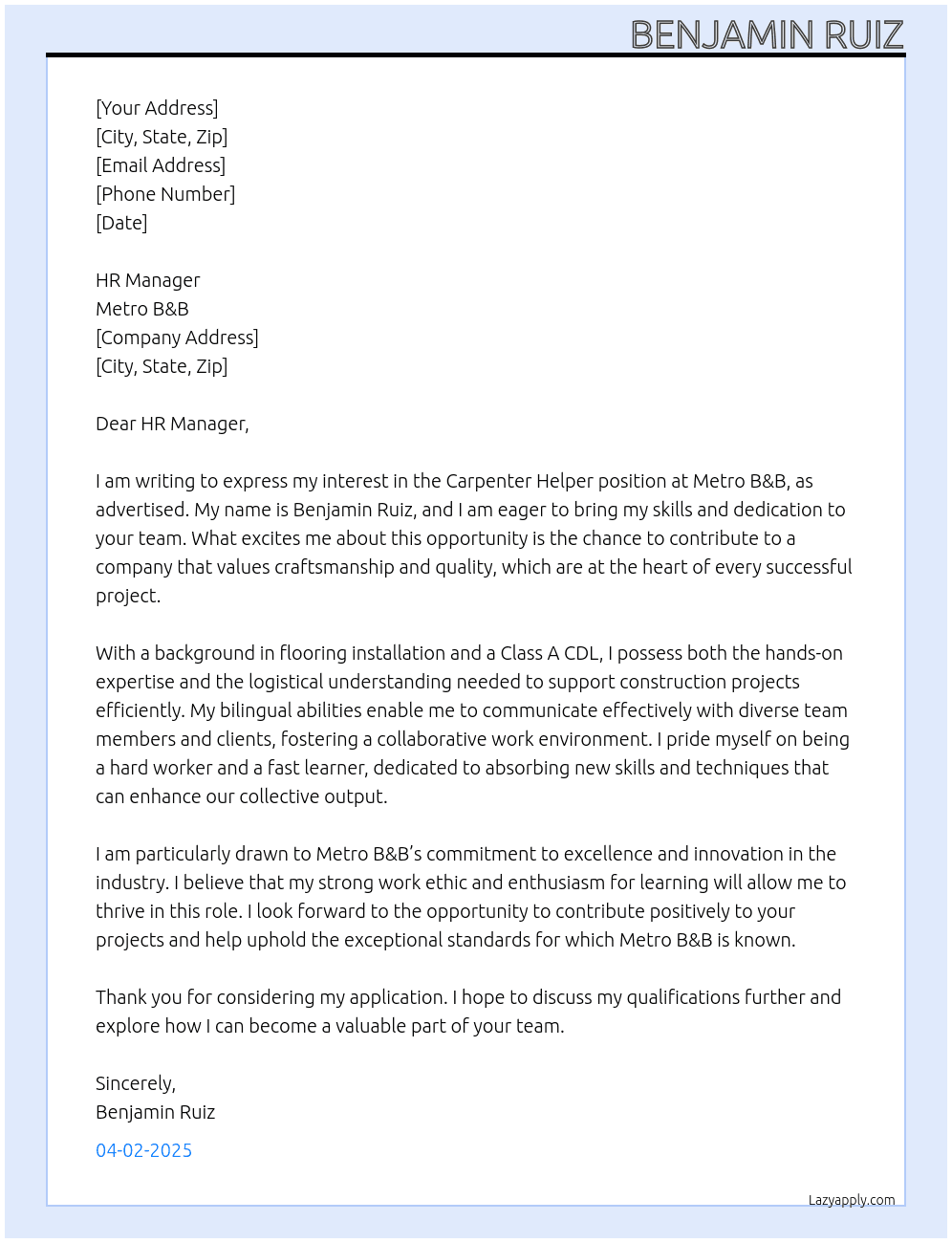 Cover letter for carpenter helper - LazyApply