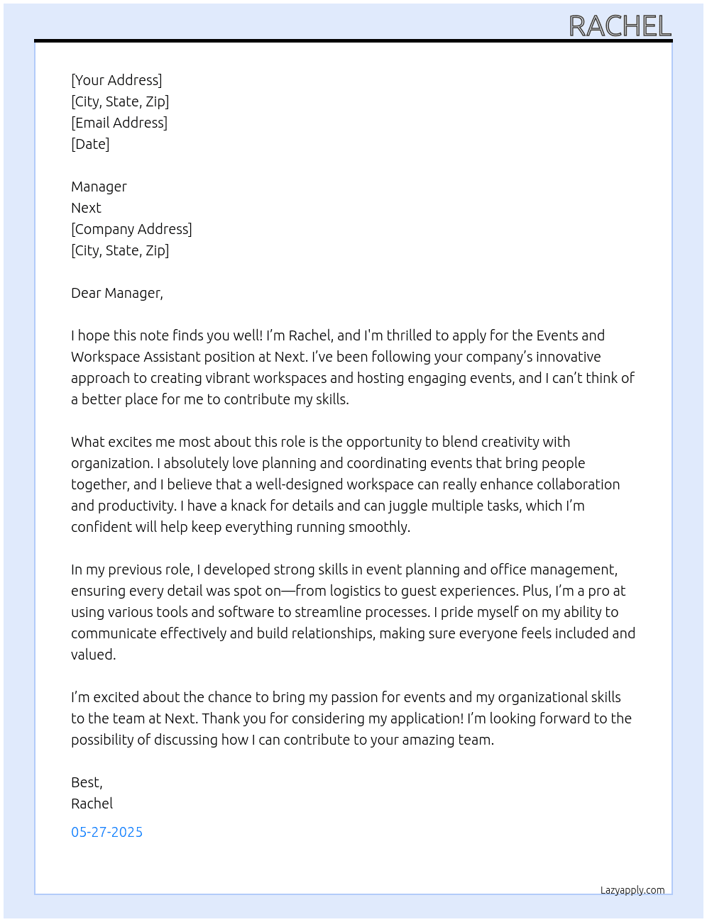 Cover letter for events and workspace assistant - LazyApply