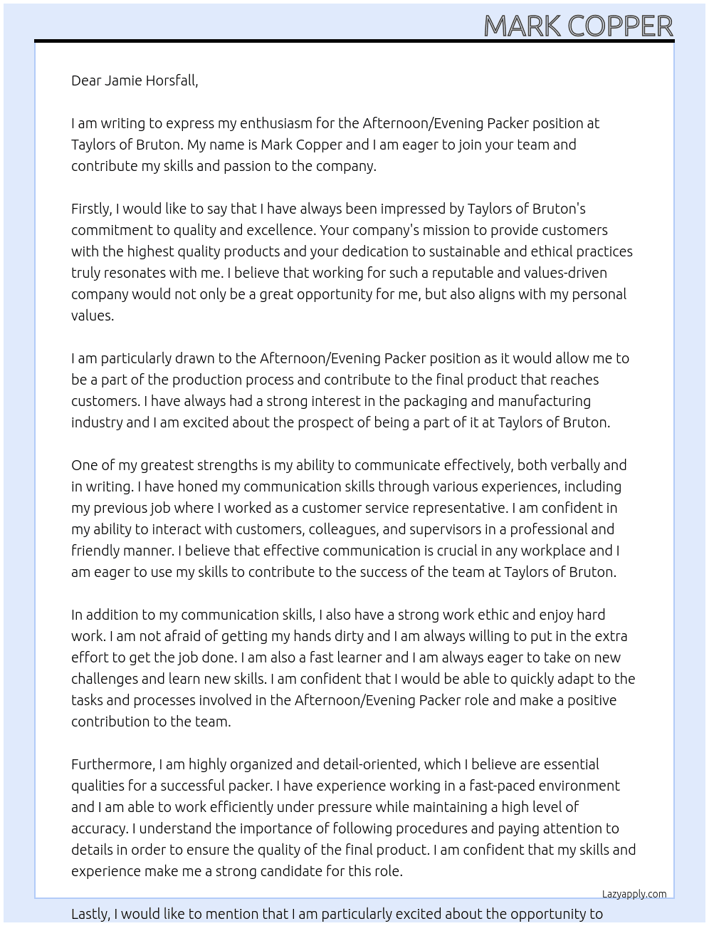 Afternoon/evening packer At Taylors of bruton Cover Letter