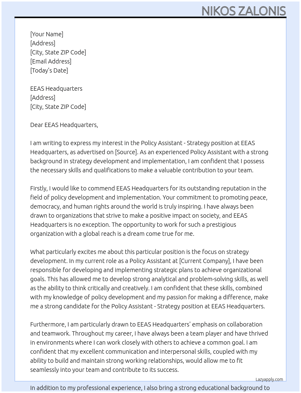 Policy Assistant - Strategy At EEAS Cover Letter
