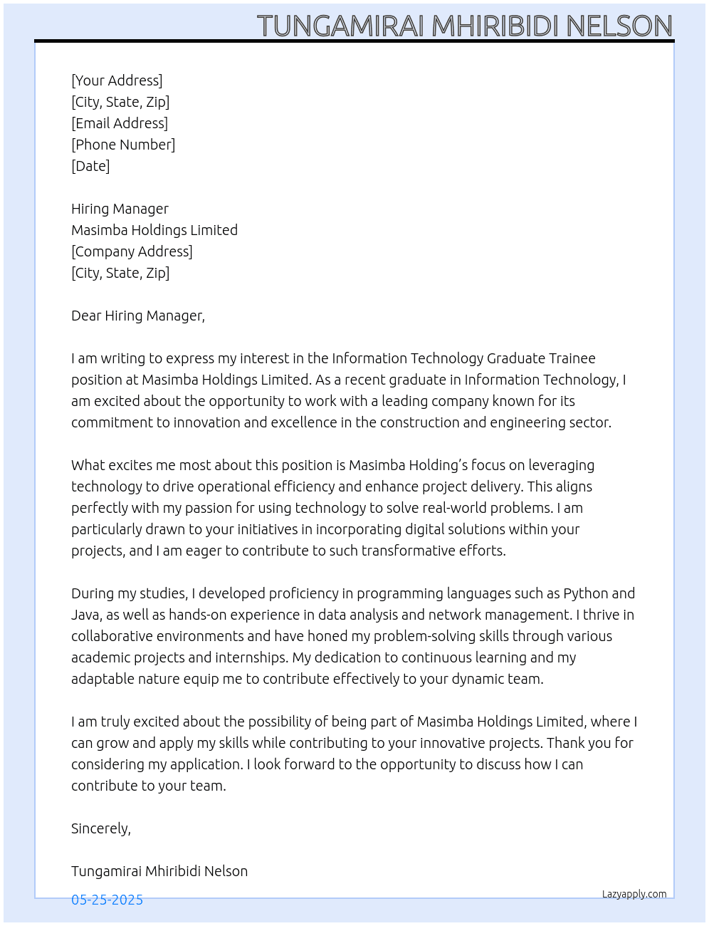 Information Technology Graduate Trainee At Masimba Holdings Limited Cover Letter