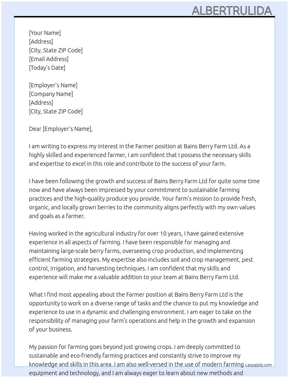 farmer At Bains Berry fatm Ltd Cover Letter