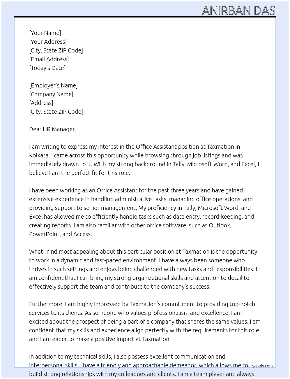 Office Assistant At taxmation Cover Letter
