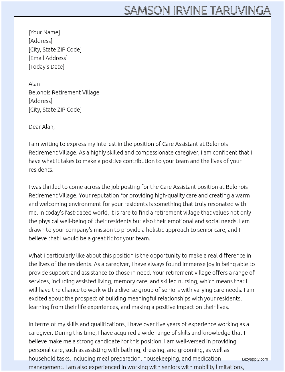 care assistant  At Belonois retirement village  Cover Letter