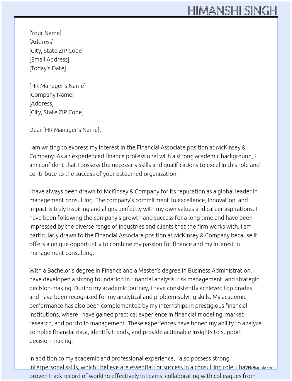 Financial Associate  At McKinsey & Company Cover Letter