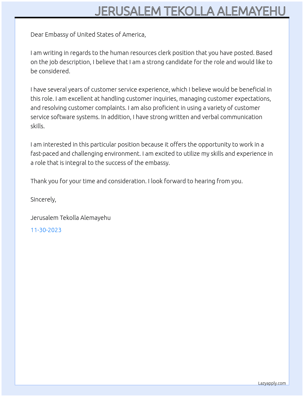 Human resources clerk  At Embassy of United States of America  Cover Letter