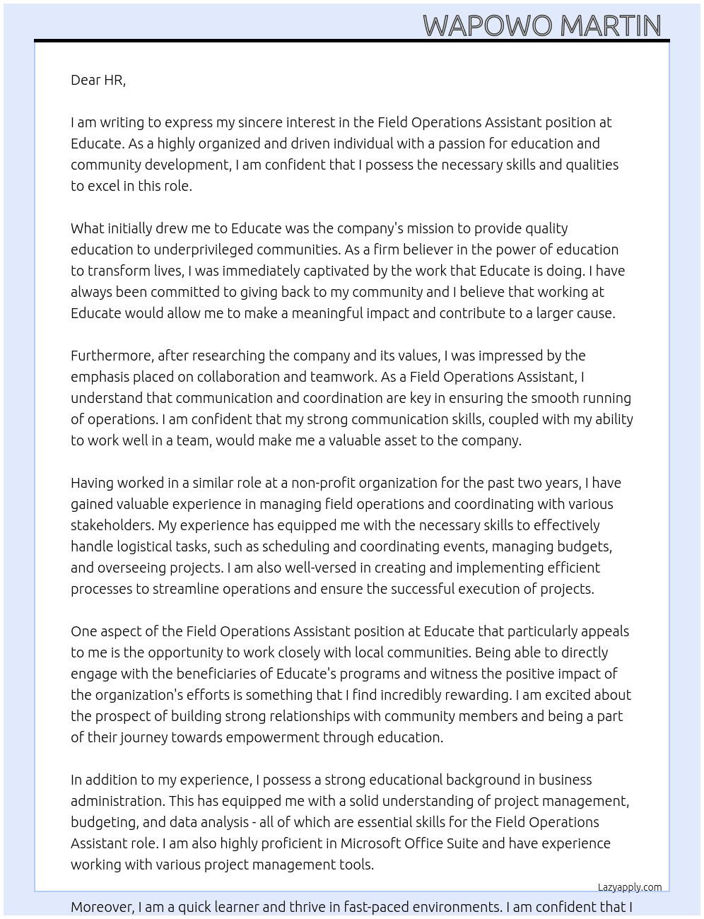 field operations assistant  At Educate Cover Letter